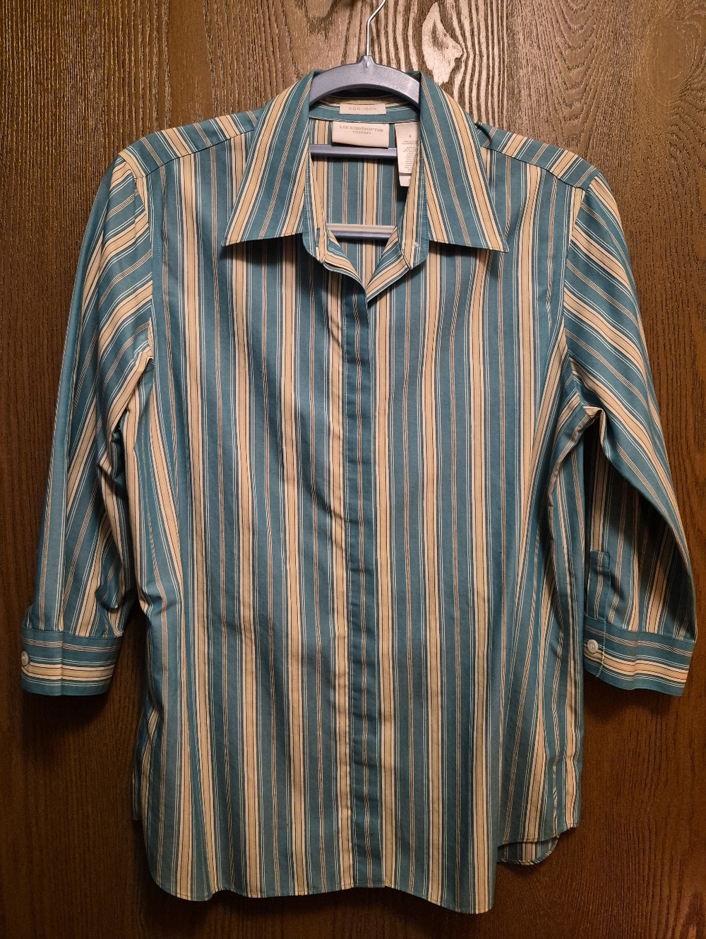 LIZ CLAIBORNE Striped Teal and Cream Long 3/4 Sleeve Button-Up Shirt Size 8